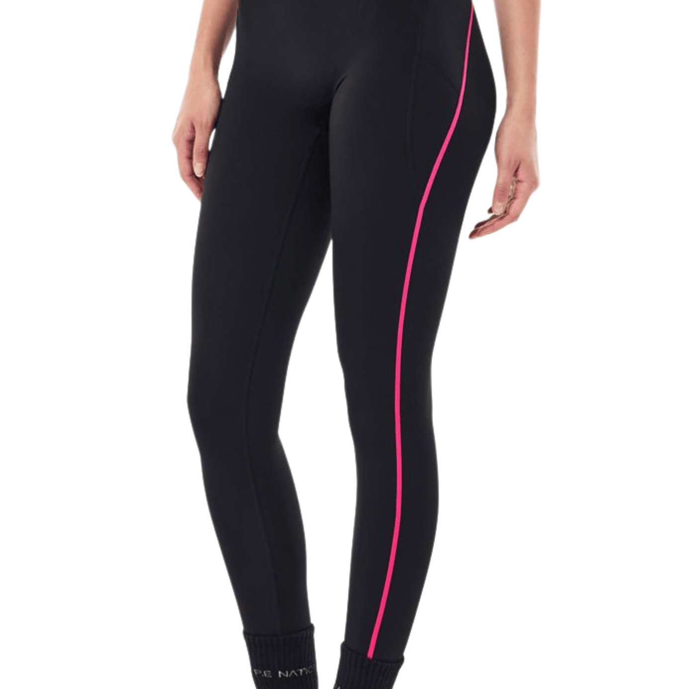 Black high-waisted athletic leggings with a bright pink waistband and a pink side stripe, shown on a model from the waist down wearing black sneakers.