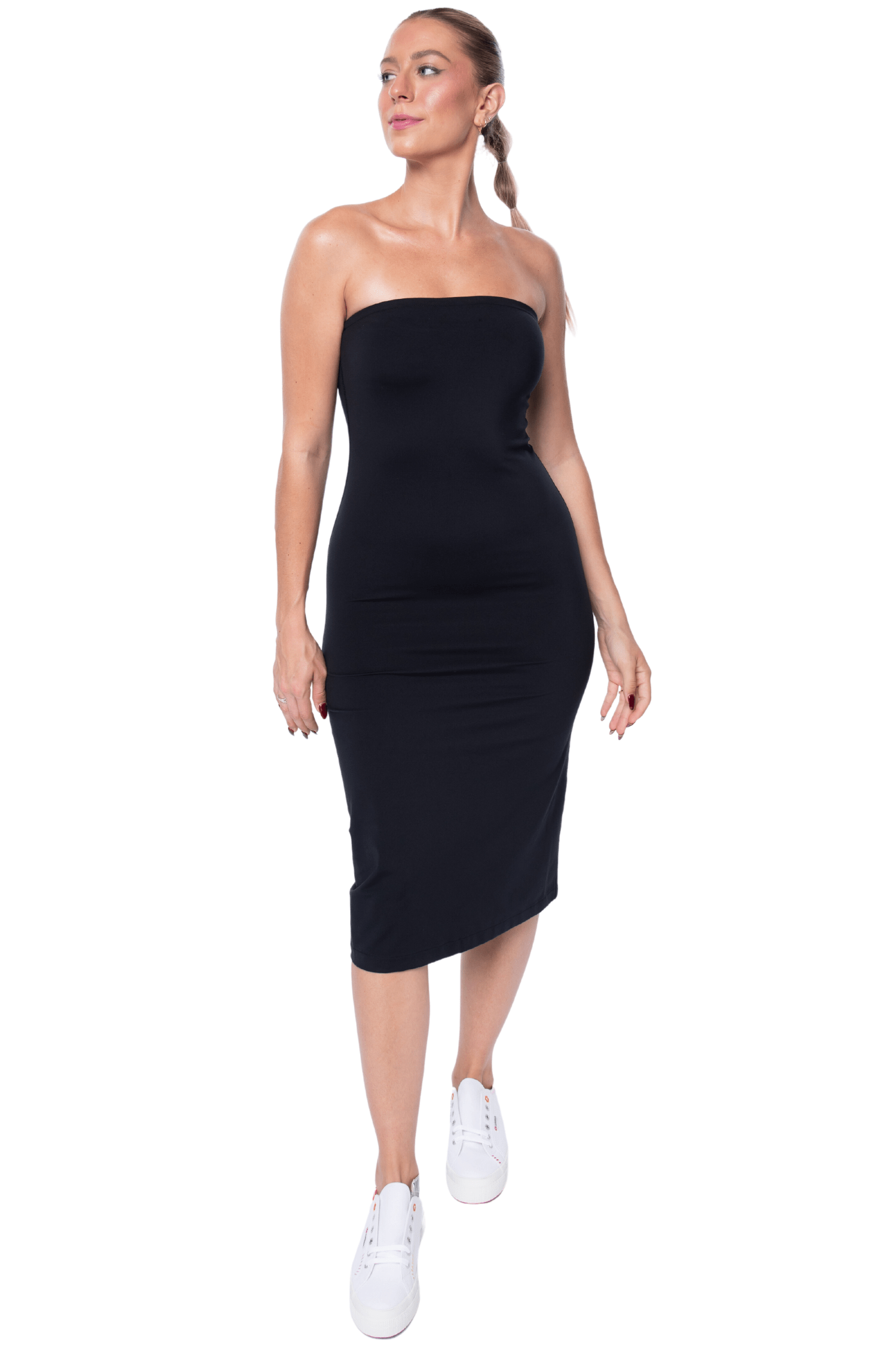 Mono B Venice Midi Back Slit Strapless Dress Black
