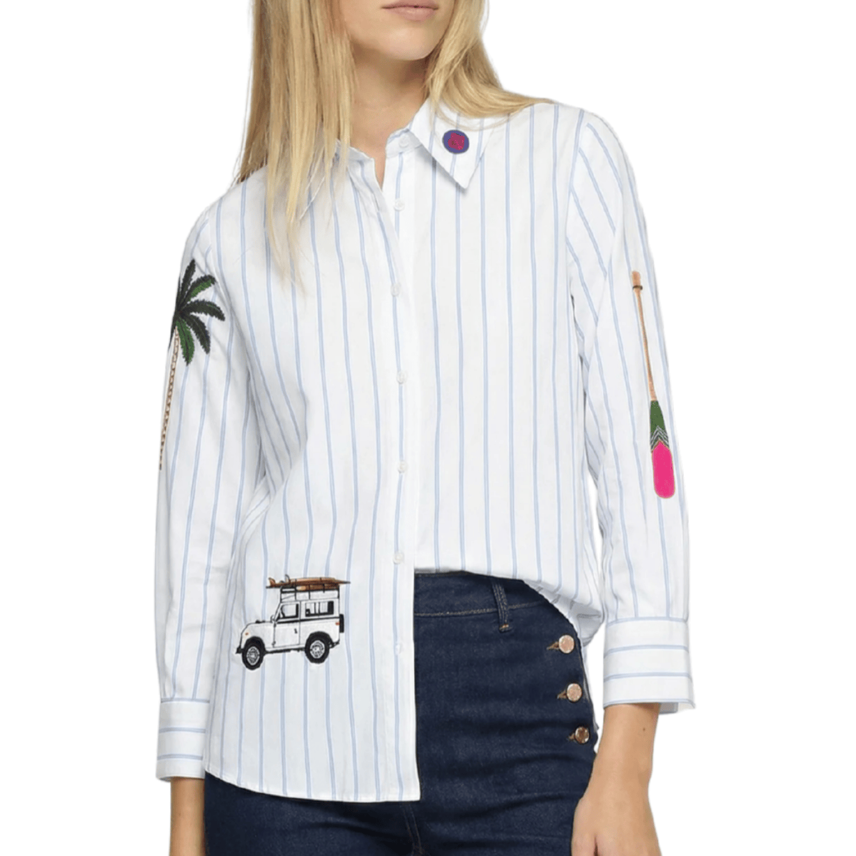 White Shirt Blue Stripes and Surf Embroidery