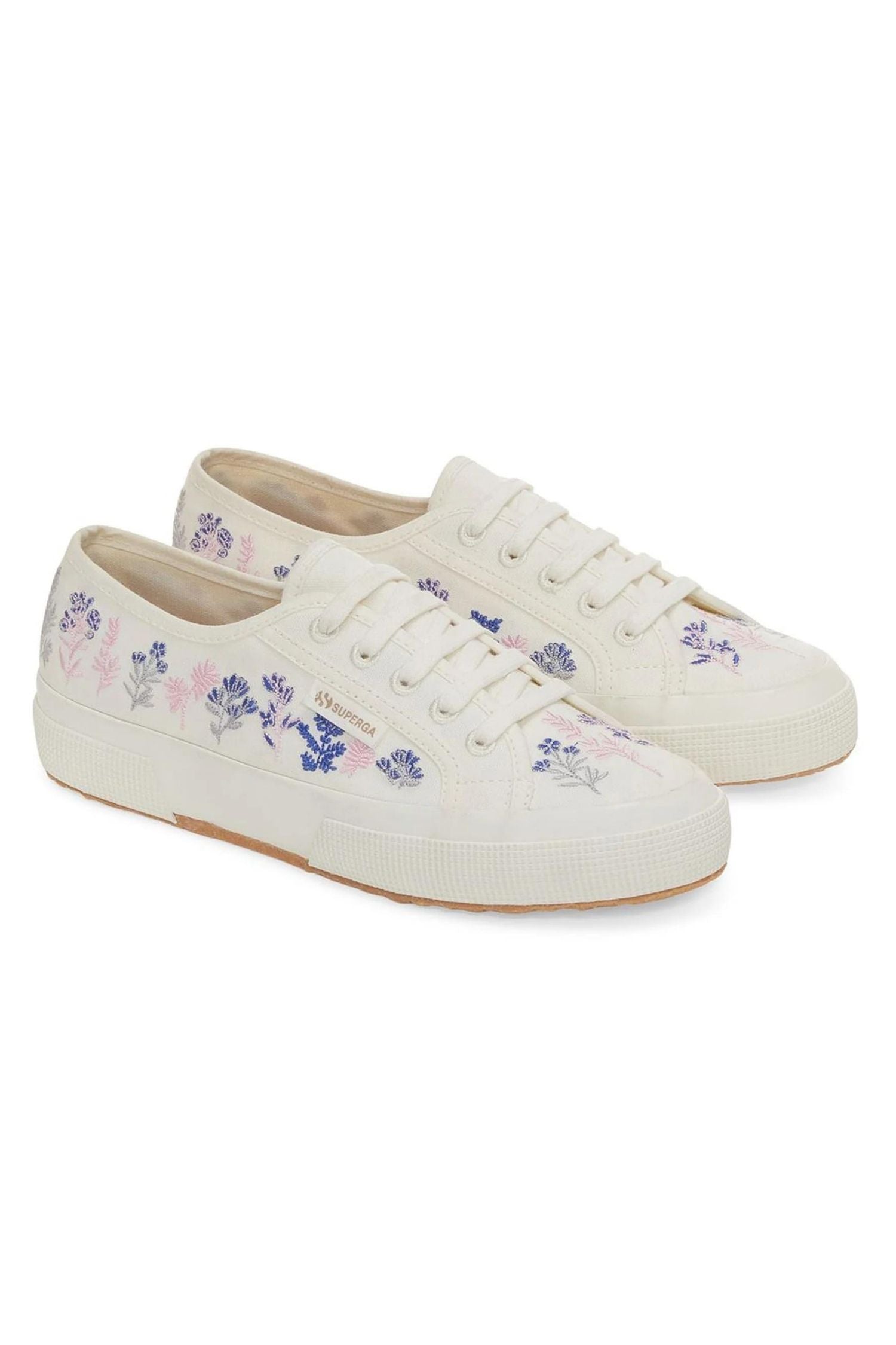 Superga 2750 Organic Flowers Embroidery Sneakers White Avorio Blue Pink