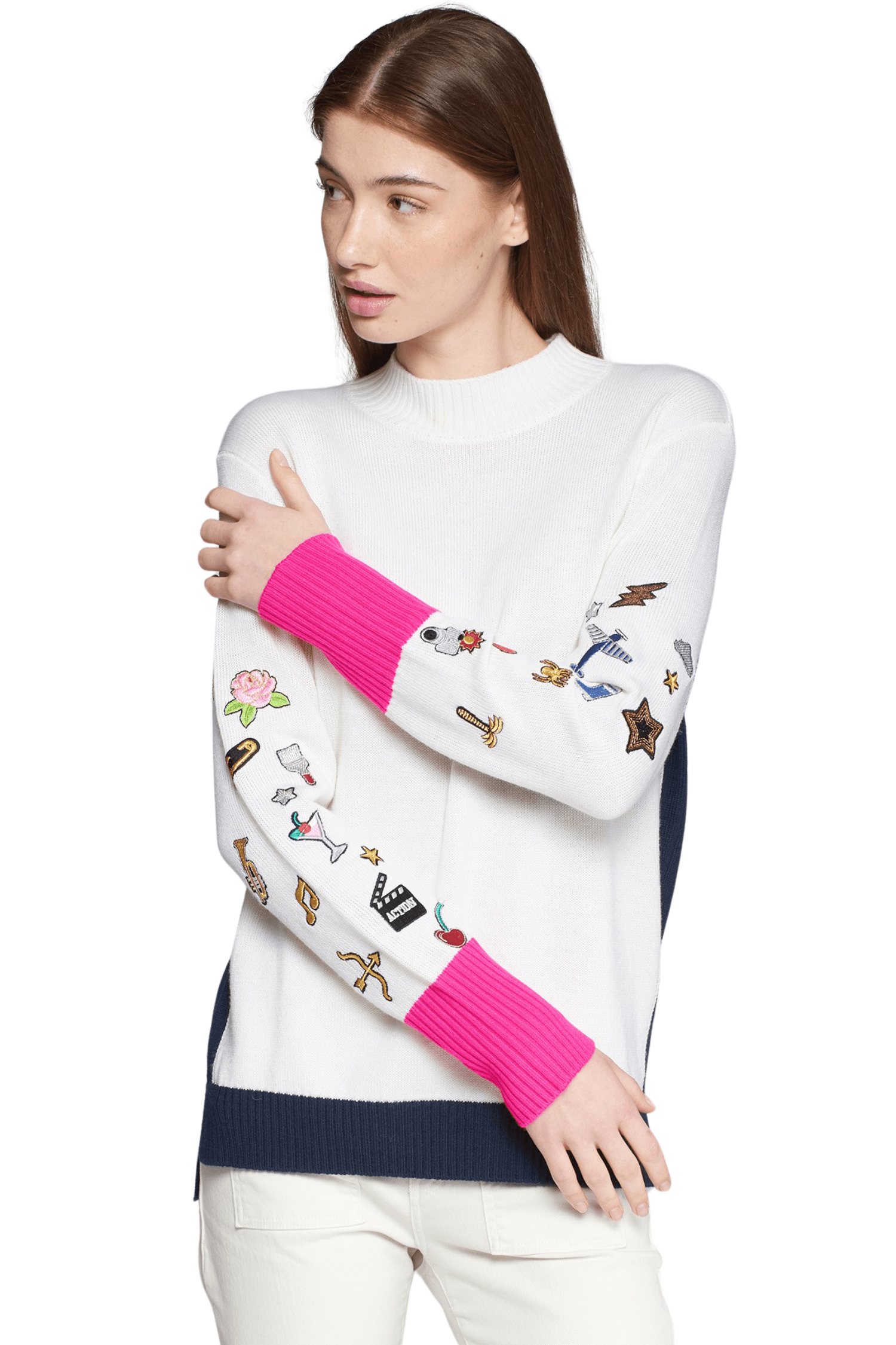 Vilagallo Knitwear Turtleneck Embroidery Ecru & Pink Navy