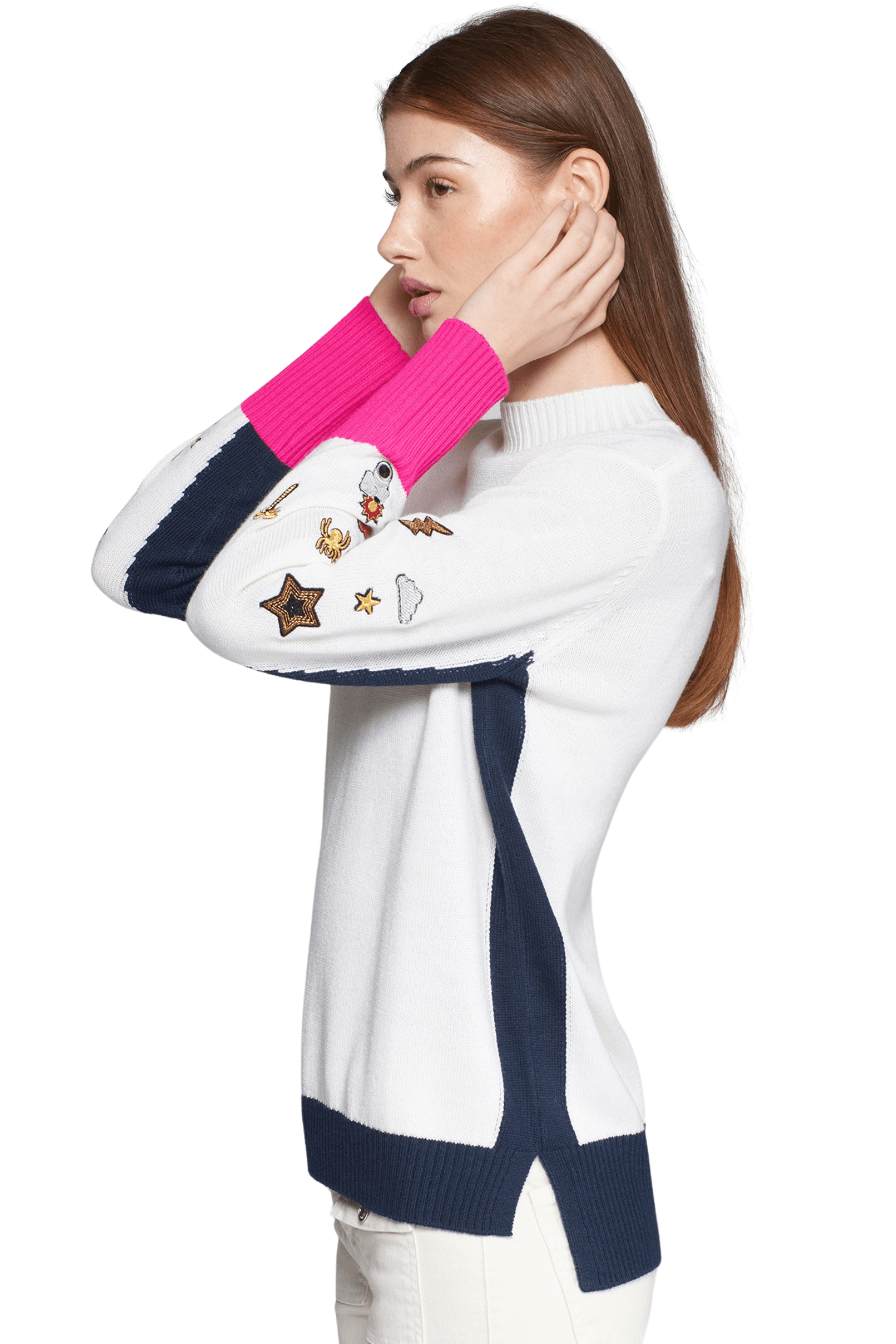Vilagallo Knitwear Turtleneck Embroidery Ecru & Pink Navy