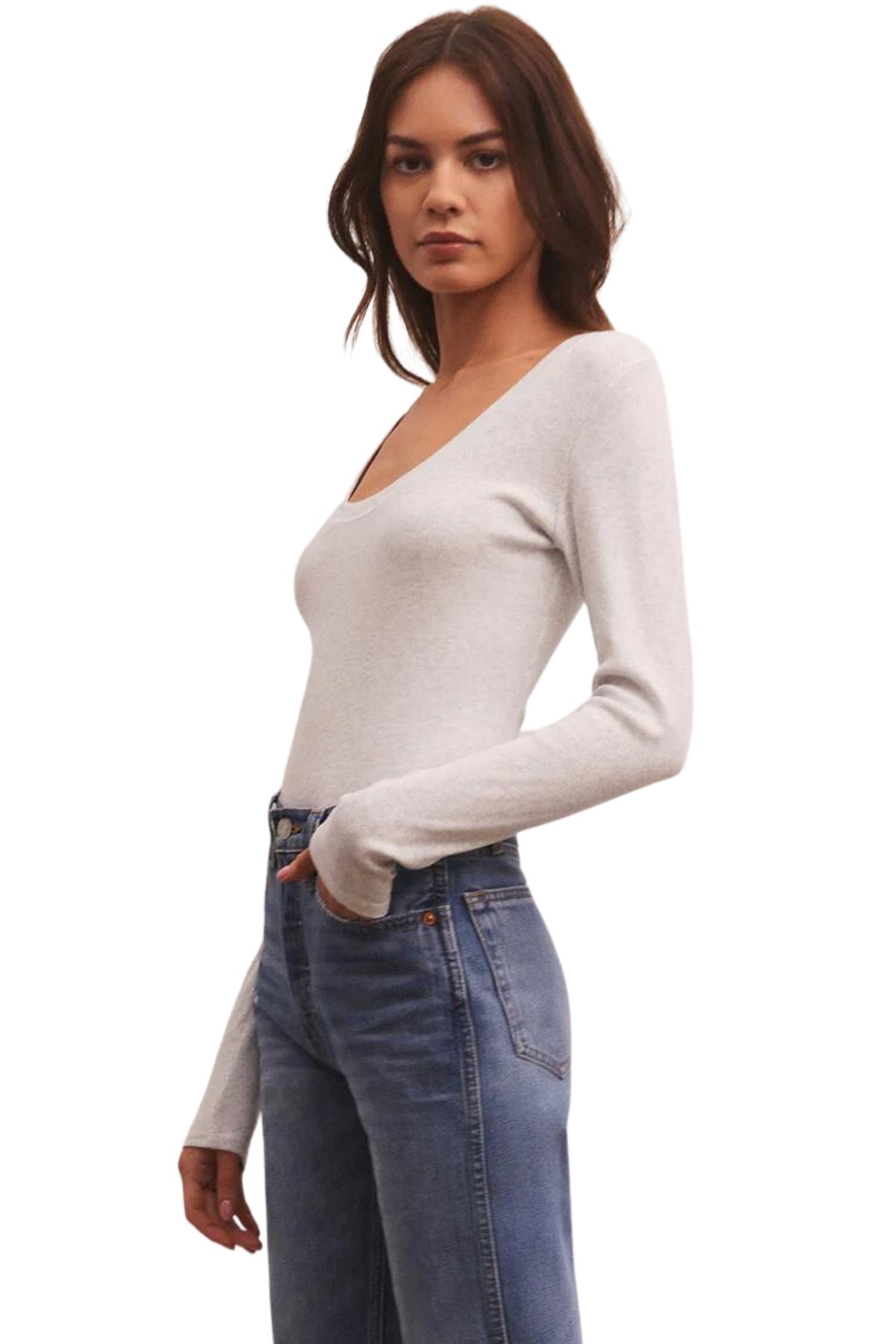 Z Supply Sirena Rib Long Sleeve Tee Light Heather Grey