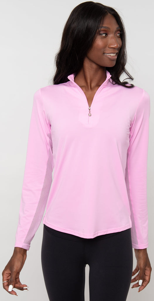 Sansoleil Sun Glow Long Sleeve Solid Mock Neck with Mesh Pink