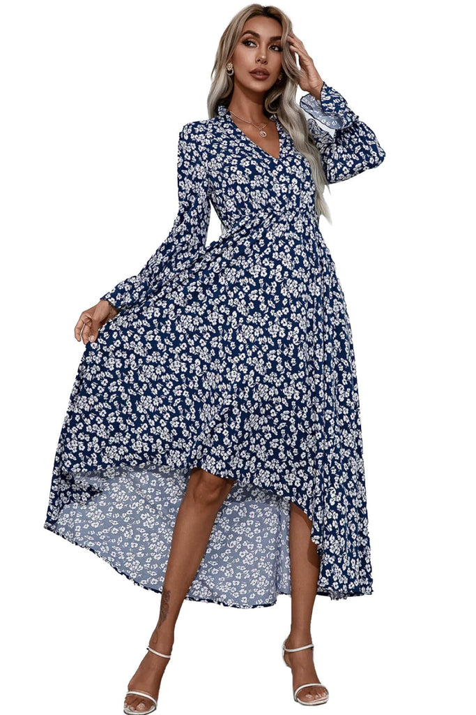 Lily Clothing Long Sleeved Long Floral Dress Blue