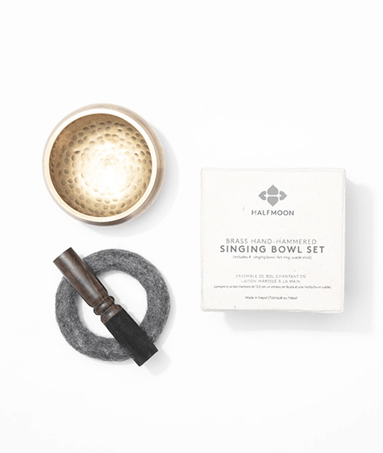 Halfmoon 4" Hand-Hammered Brass Singing Bowl Set