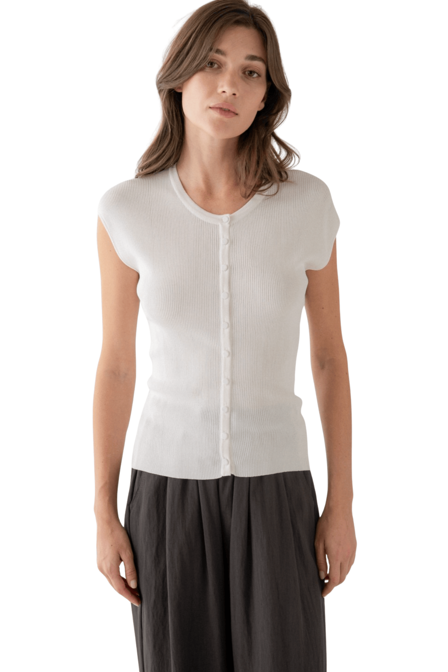 Ribbed Cap Sleeve Button Knit Top
