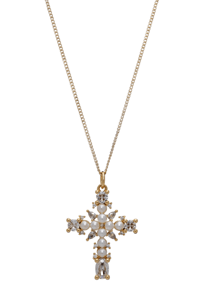 Bracha Magdalene Cross Pearl Necklace Crystal