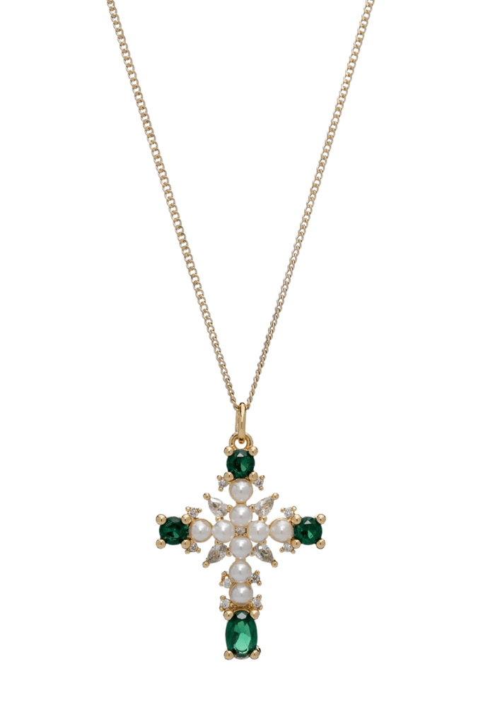 Bracha Magdalene Cross Pearl Necklace Emerald