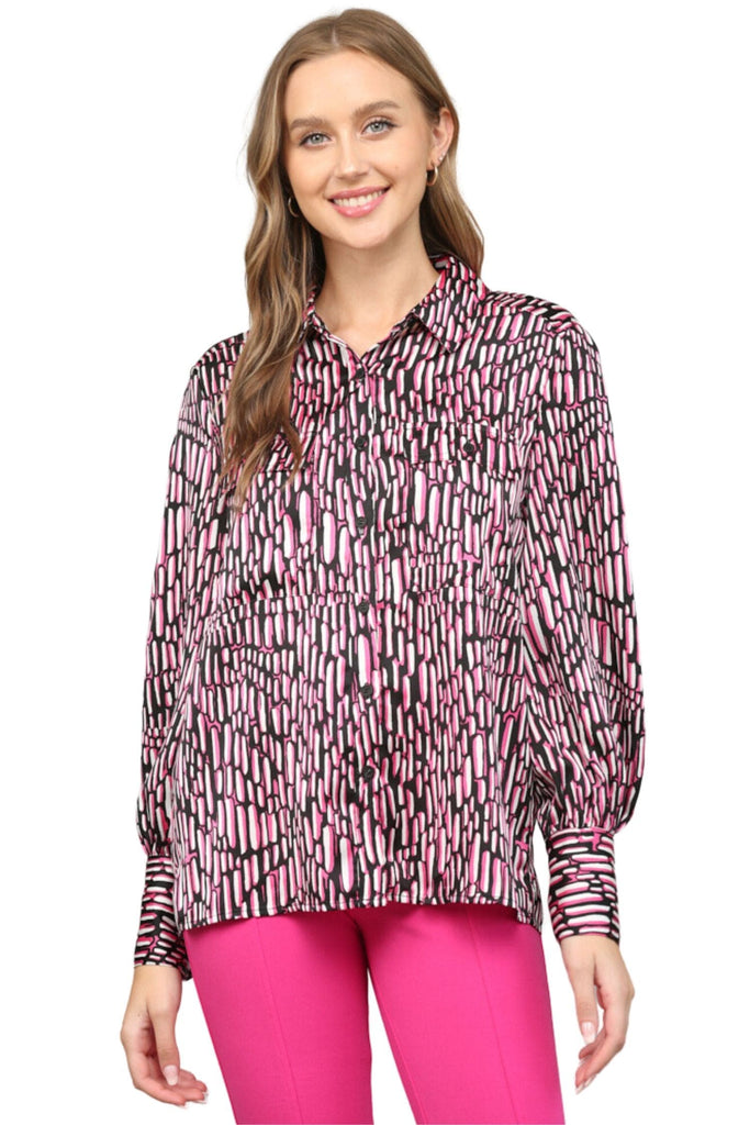 Fate By LFD Abstract Print Pocket Button Down Shirt Magenta Multi