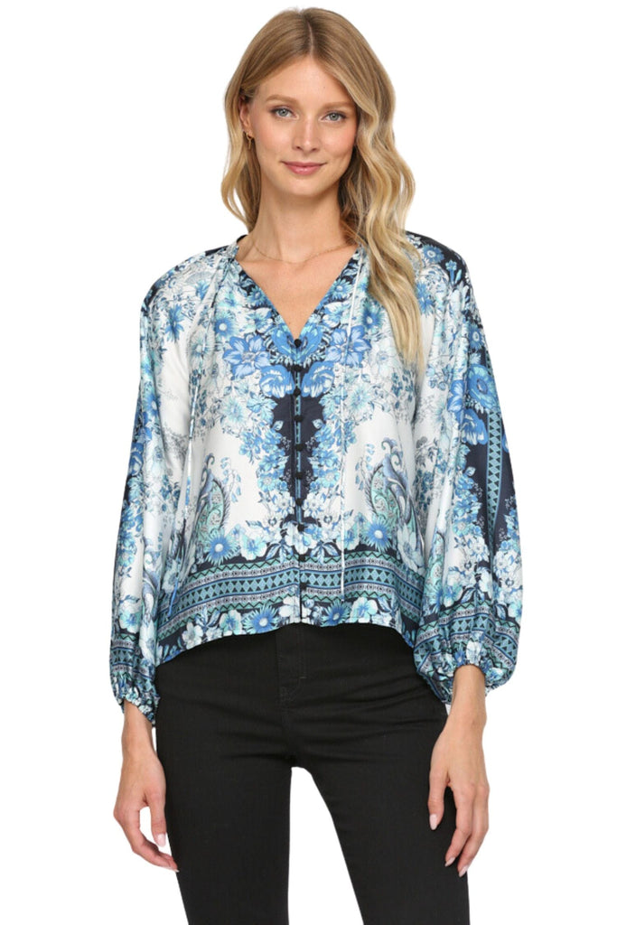 Fate By LFD Border Print Sleeve Blouse Blue Multi