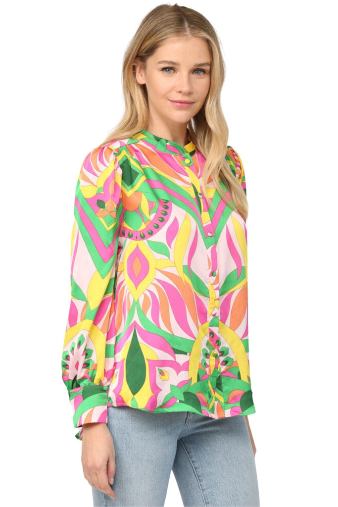 Fate By LFD Abstract Print Collar Button Down Shirt Yellow Pink