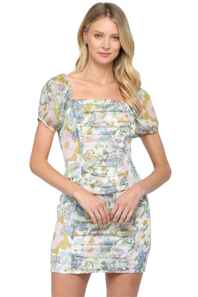 Fate by LFD Floral Print Shirred Dress Green Multi