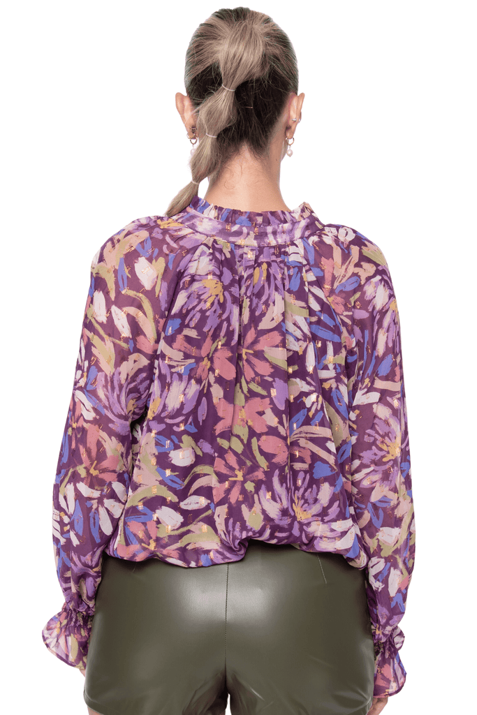 Fate By LFD Abstract Print with Foil Chiffon Tie Neck Blouse Purple Multi