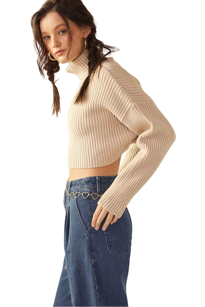 Idem Ditto Turtle Neck Loose Fit Crop Sweater Natural