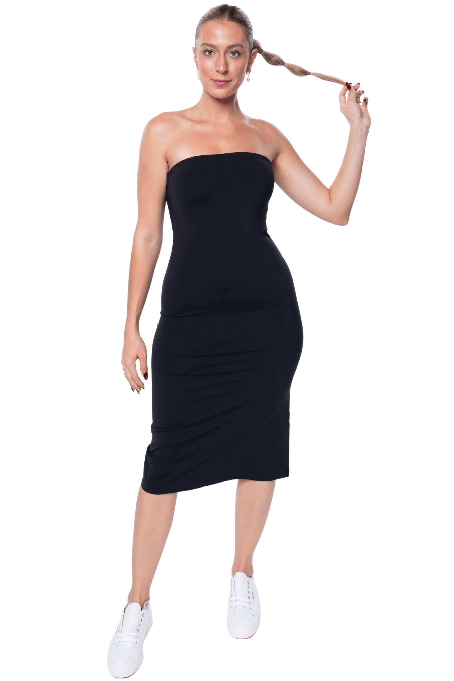 Mono B Venice Midi Back Slit Strapless Dress Black