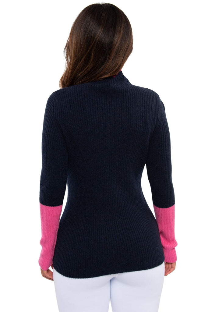 Pure Amici Mock Neck Tipped with Sleeve Contrast Navy Pink