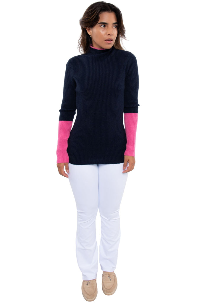 Pure Amici Mock Neck Tipped with Sleeve Contrast Navy Pink