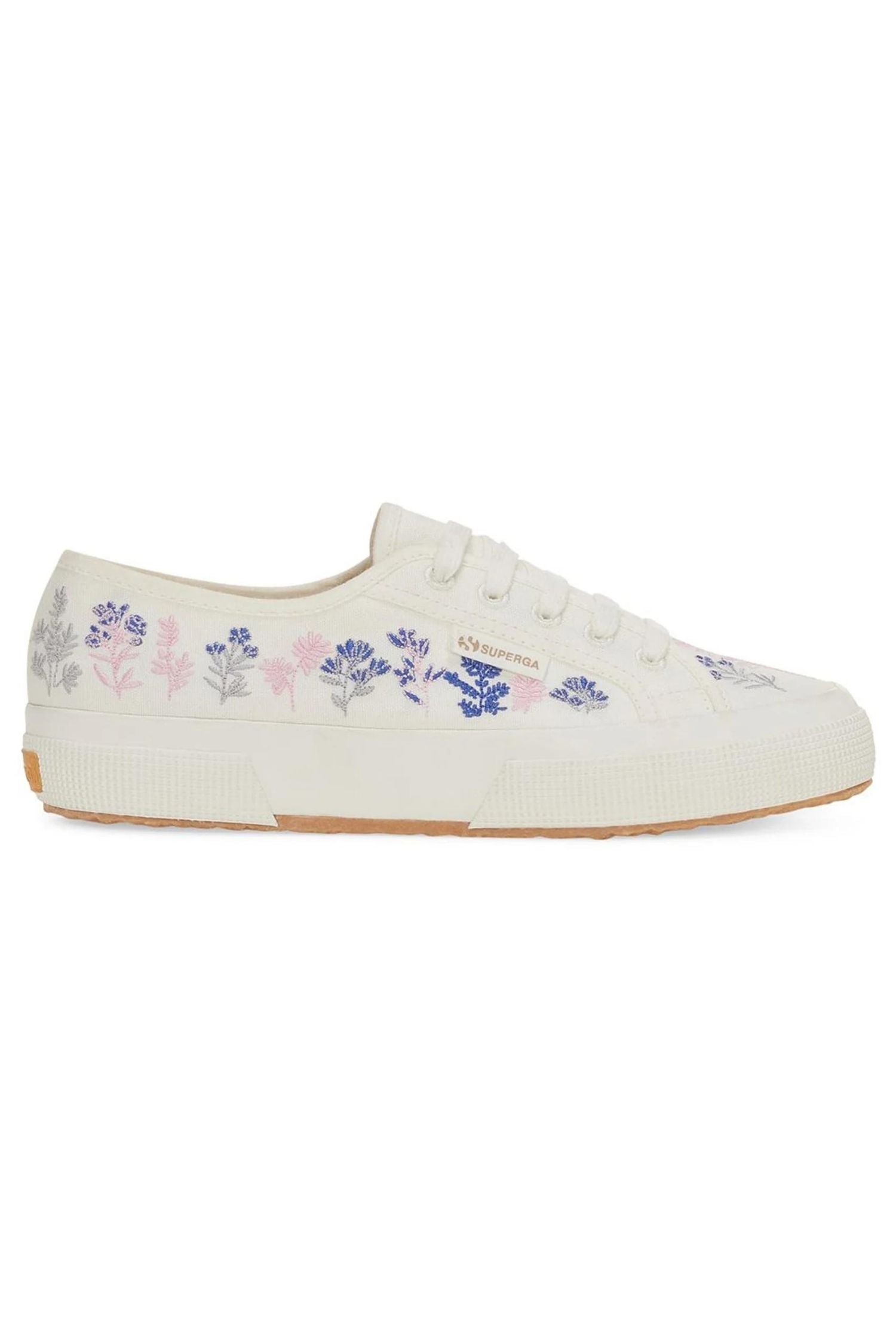 Superga 2750 Organic Flowers Embroidery Sneakers White Avorio Blue Pink