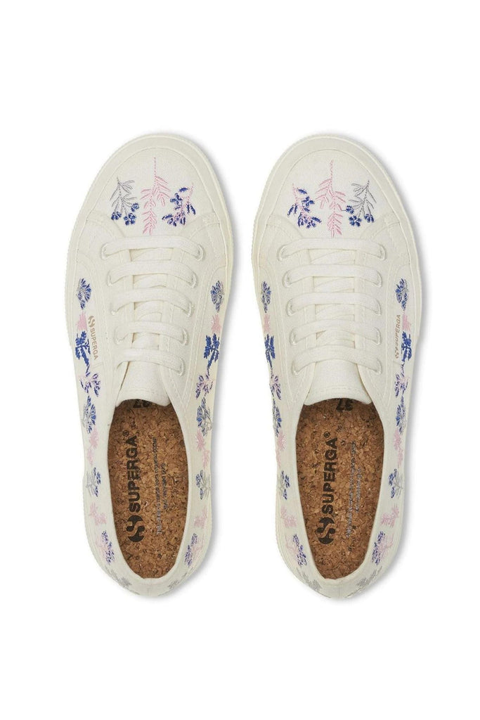 Superga 2750 Organic Flowers Embroidery Sneakers White Avorio Blue Pink