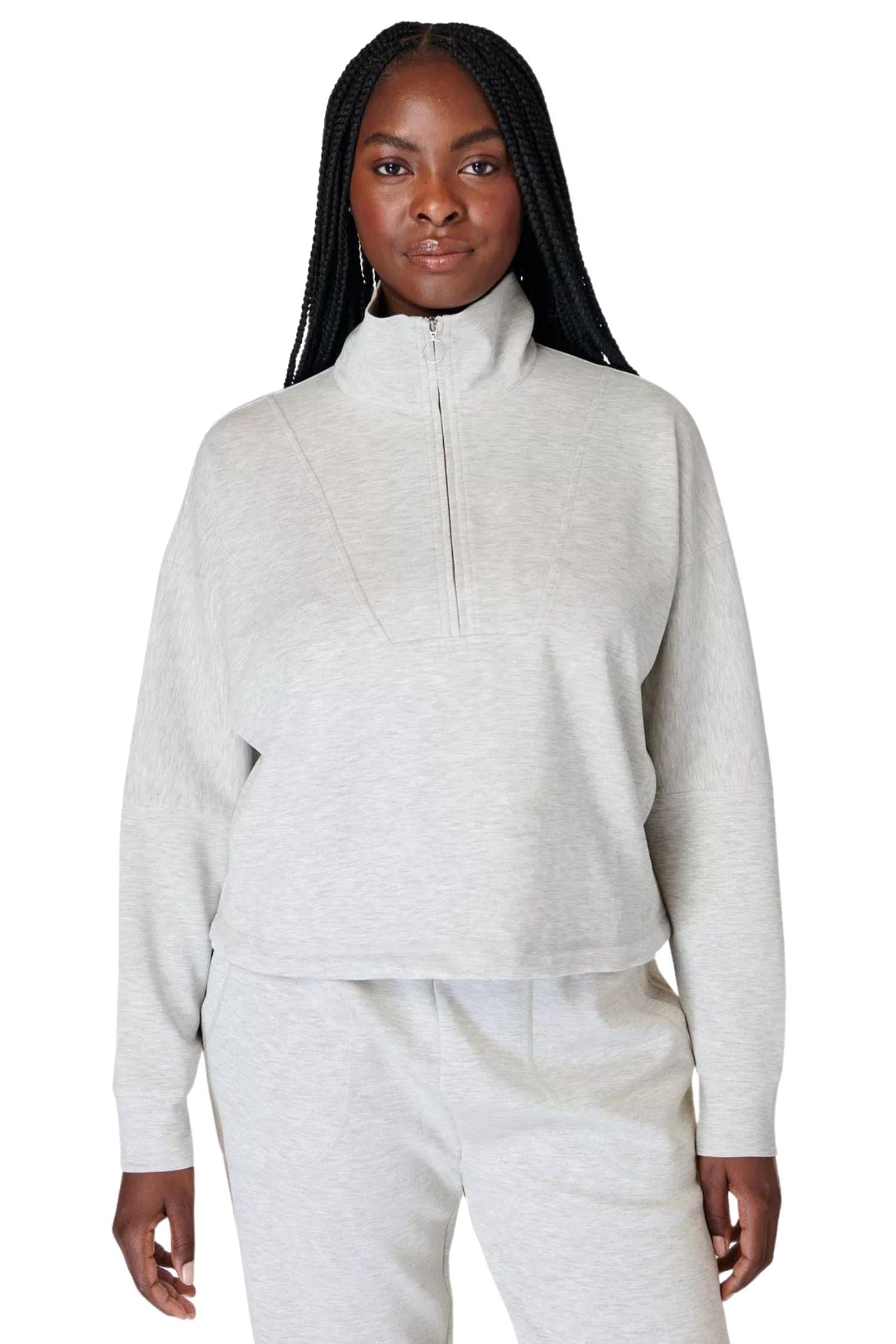 Sweaty Betty Sand Wash Funnel Neck Half Zip Ice Grey Marl