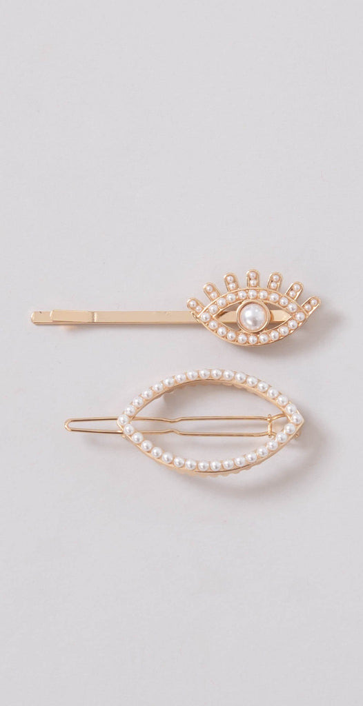 Dainty Ivy Evil Eye & Marquise Hair Pin Set Gold Pearl