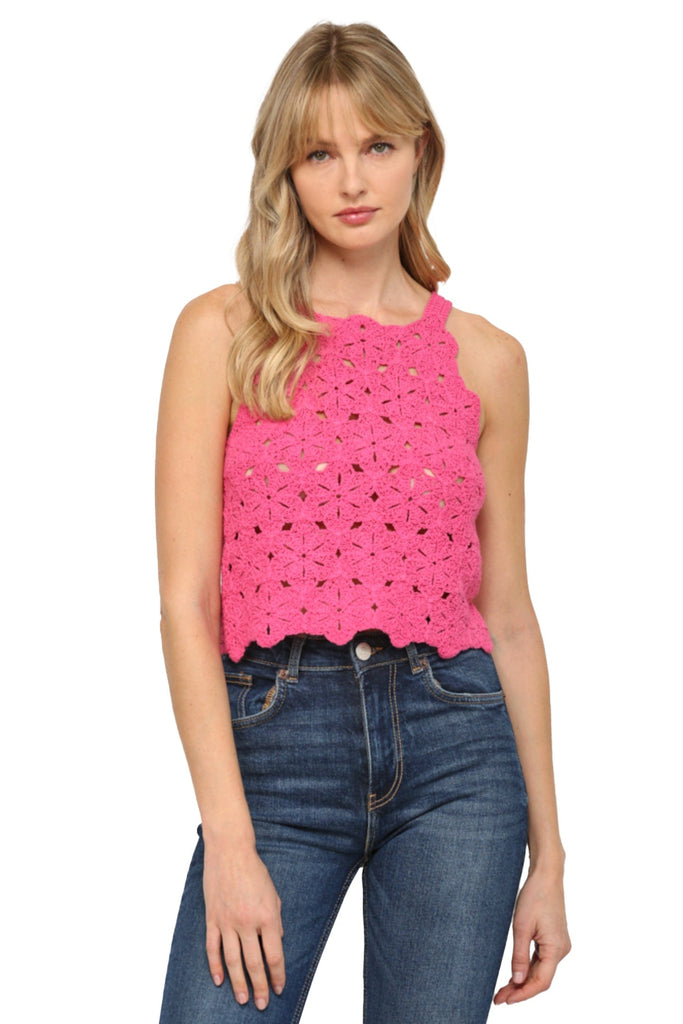 Fate By LFD Back Button Crochet Crop Top Hot Pink
