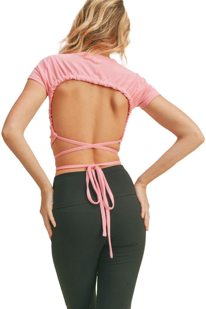 Kimberly C Ribbed Open Back Short Sleeve Pink