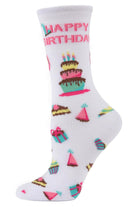 MeMoi Bamboo Blend Crew Socks Happy Birthday White